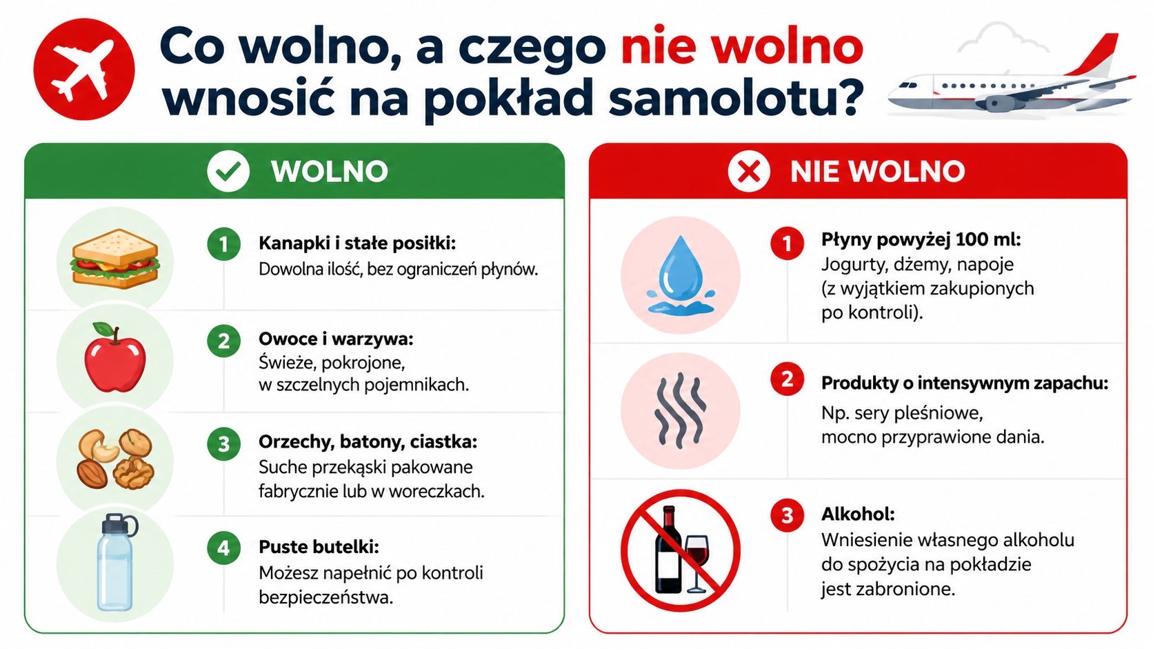 Infografika przedstawiająca listę produktów spożywczych, które można oraz których nie wolno wnosić na pokład samolotu.